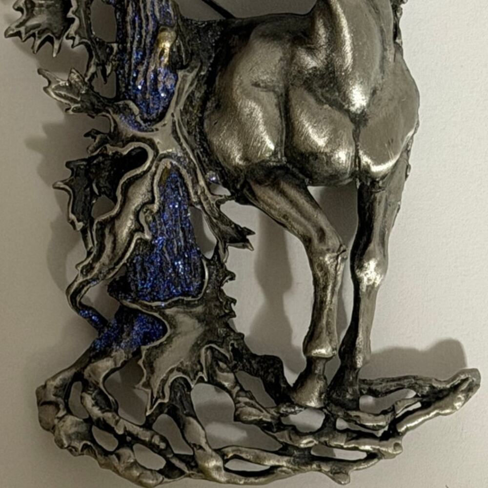 JJ Vintage Unicorn Pewter Brooch Blue Enamel Fantasy Statement Pin - Picture 5 of 11